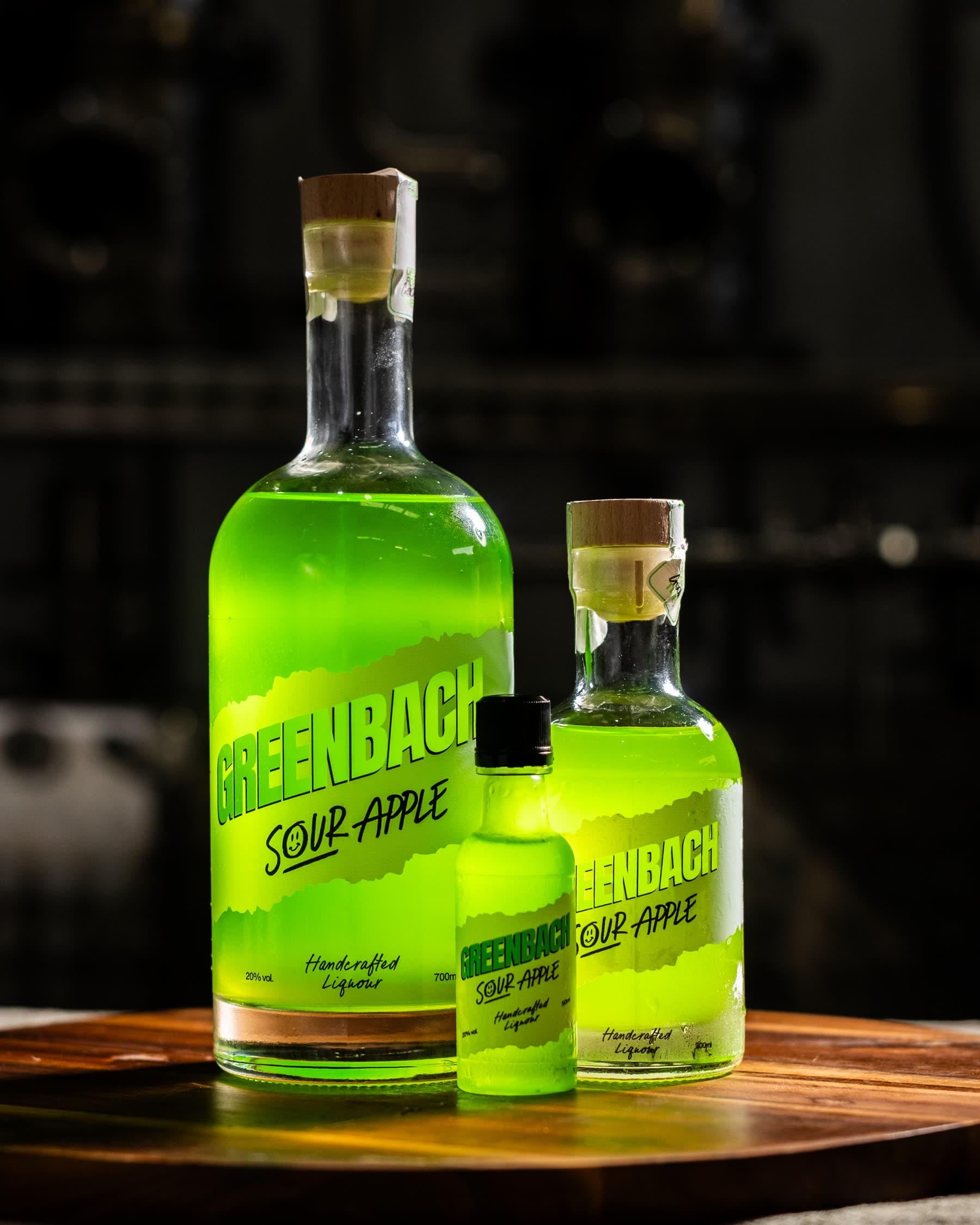 The three Greenbach sizes together: 700ml, 200ml and the 50ml shooter